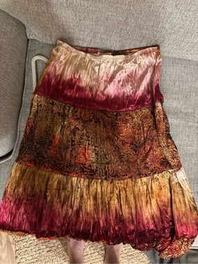 Zoompy Ombre Velvet-Tiered Maxi Skirt in Burgundy, Gold, Rust